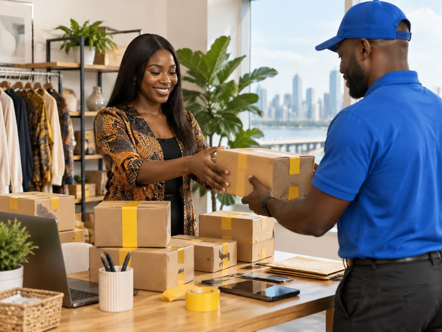 Online business owner handing an order to a Lagos courier